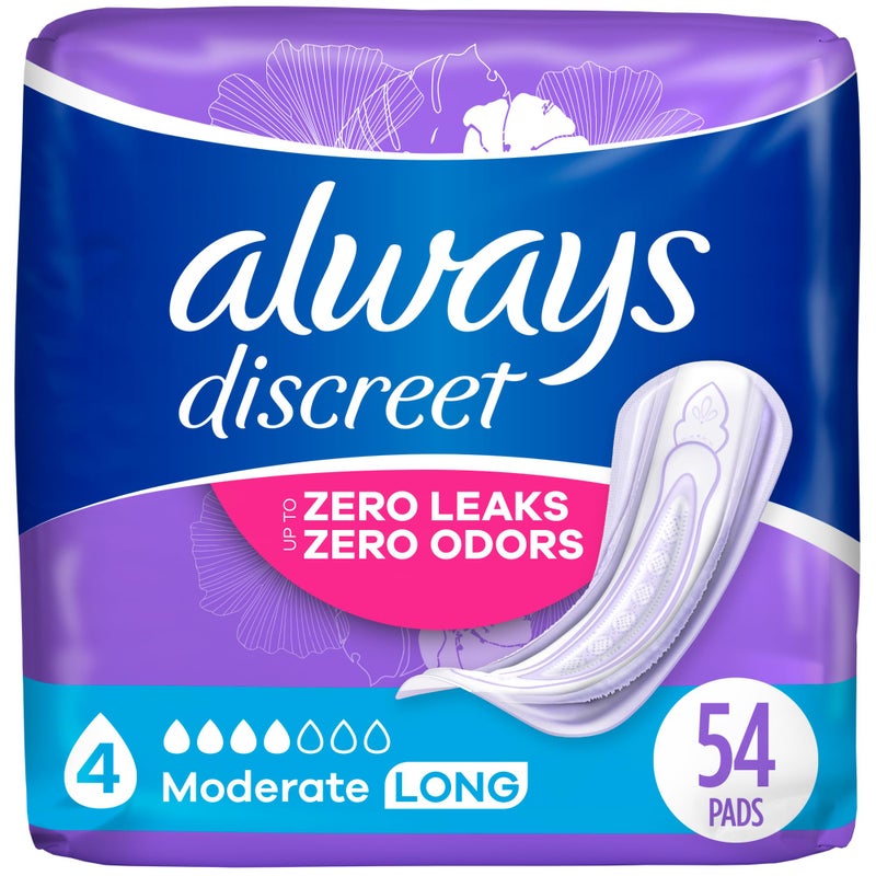 Always Discreet Adult Moderate Long Incontinence Pads, Up to 100% Leak-Free Protection, 54 Count (Packaging May Vary) - Image 1