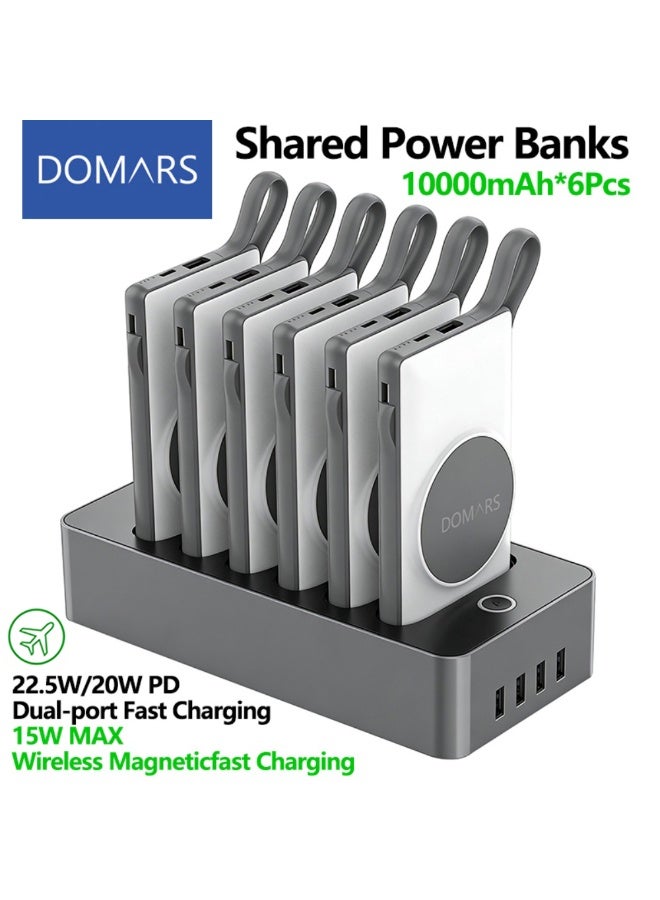 Domars Magnetic Power Banks 6-in-1 Charging Station Combo 6 X 10000mAh Shared Power Bank Kiosk, 15W Magnetic Wireless Charging 22.5W Super Built-in Fast Charging Cable Type-C Cable LED Display, Includes Charging Cable, Travel Charger External Battery Pack Compatible With iPhone 11/12/13/14/15/16/17 Pro Max Series Suitable For Hotels, Cafes, Family，Restaurants, Shopping Malls, And Exhibitions（White) - Image 1