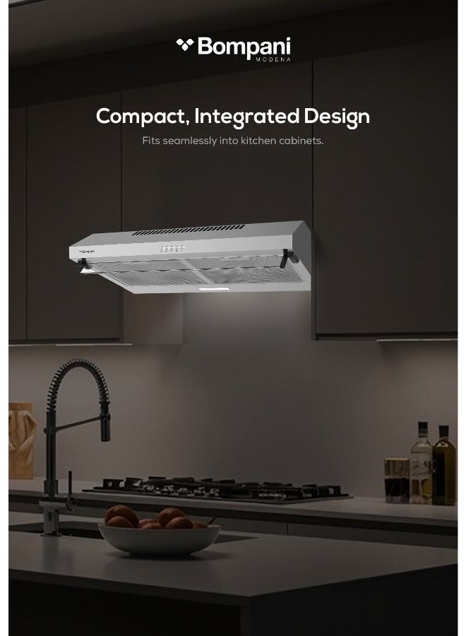 Bompani 60cm Built-In Kitchen Hood – Stainless Steel, Push Button, 3 Speeds, LED Light, Carbon Filter - Built-In 63 W H1160STN Silver - Image 5