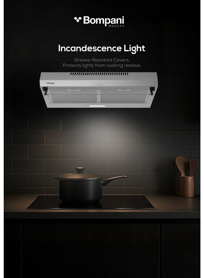Bompani 60cm Built-In Kitchen Hood – Stainless Steel, Push Button, 3 Speeds, LED Light, Carbon Filter - Built-In 63 W H1160STN Silver - Image 3