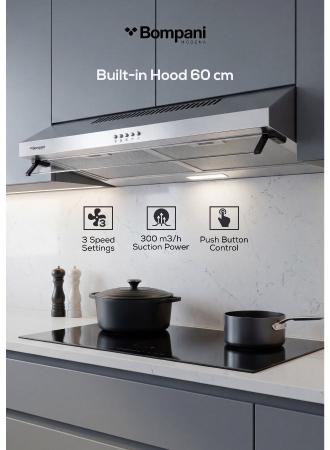 Bompani 60cm Built-In Kitchen Hood – Stainless Steel, Push Button, 3 Speeds, LED Light, Carbon Filter - Built-In 63 W H1160STN Silver - Image 2