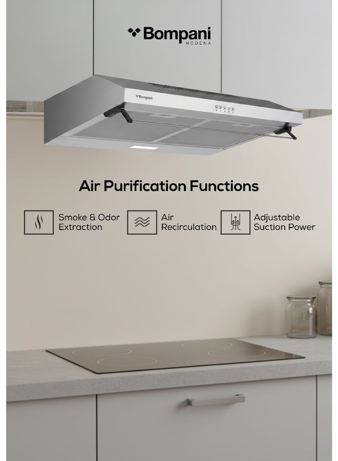 Bompani 60cm Built-In Kitchen Hood – Stainless Steel, Push Button, 3 Speeds, LED Light, Carbon Filter - Built-In 63 W H1160STN Silver - Image 4