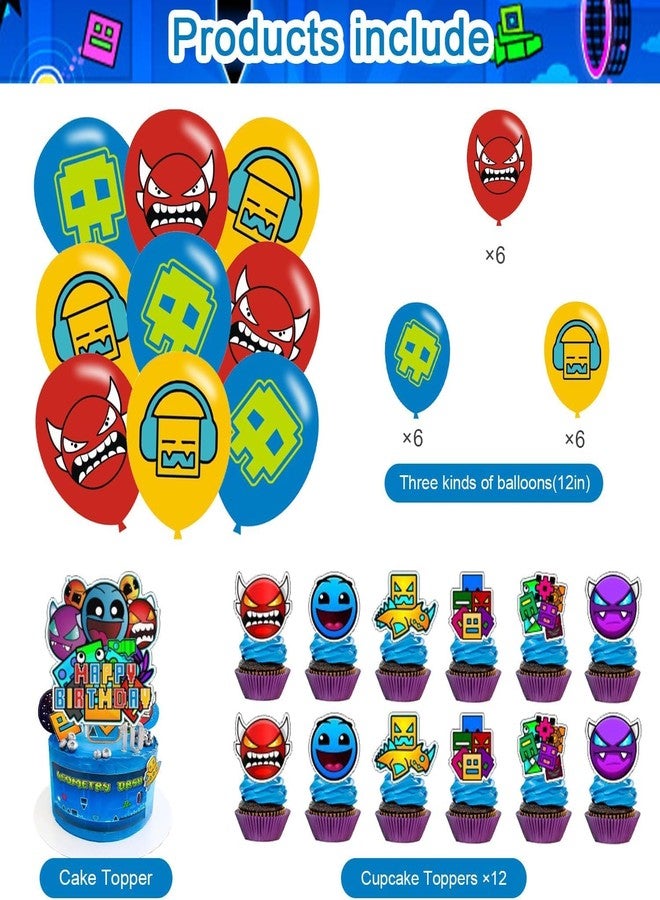 PINUO Geometry Aesthetic Dash Birthday Party Supplies,Geometry Aesthetic Dash Balloons Decorations for Cartoon Dash Game Party Happy Birthday Balloons, Cupcake Toppers, Cake Toppers - Image 5