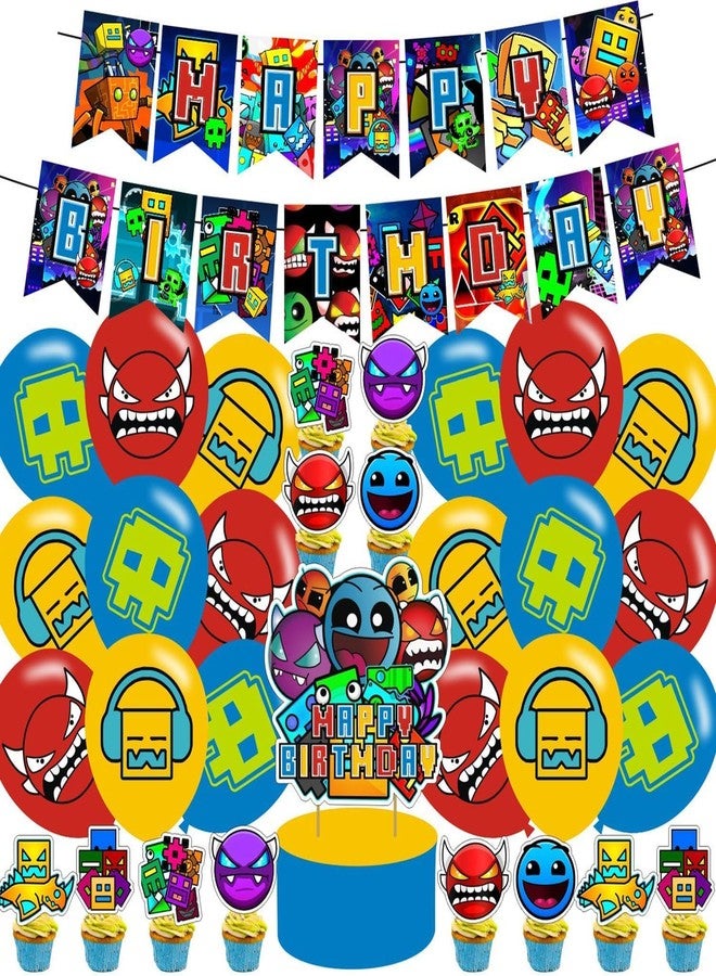 PINUO Geometry Aesthetic Dash Birthday Party Supplies,Geometry Aesthetic Dash Balloons Decorations for Cartoon Dash Game Party Happy Birthday Balloons, Cupcake Toppers, Cake Toppers - Image 1