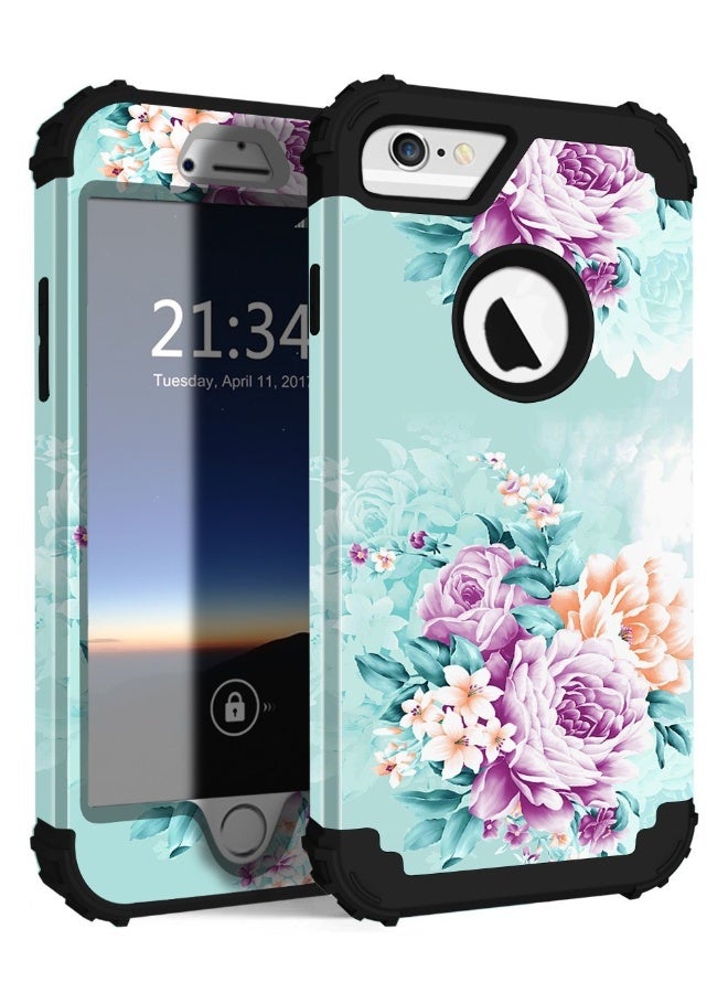 بيكسيو جراب PIXIU متوافق مع iPhone 6 و 6s، ثلاثي الطبقات شديد التحمل ومقاوم للصدمات، مصنوع من السيليكون الناعم والبلاستيك الصلب، غطاء واقٍ متين لهاتف iPhone 6 و 6s مقاس 4.7 بوصة بتصميم زهرة - Image 1