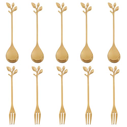 AnSaw 10-Pc Gold Mini Spoons & Forks Set, 4.7" - Stainless Steel, Leaf Handle, Ideal for Coffee,Tea, Appetizers, Tastings, Parties, Charcuterie & Cocktails - Image 1
