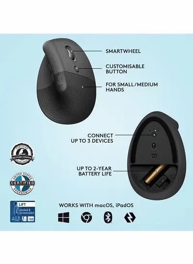 Logitech Lift Vertical Ergonomic Mouse, Logi Bolt USB Receiver, 4000 DPI Sensitivity, Multi-OS Compatibility, 10m Range, 2 Year Battery Life, Quiet Clicks & Smartwheel，Natural Handshake Position, Carpal Tunnel Prevention for Extended Desk Use  - Image 5