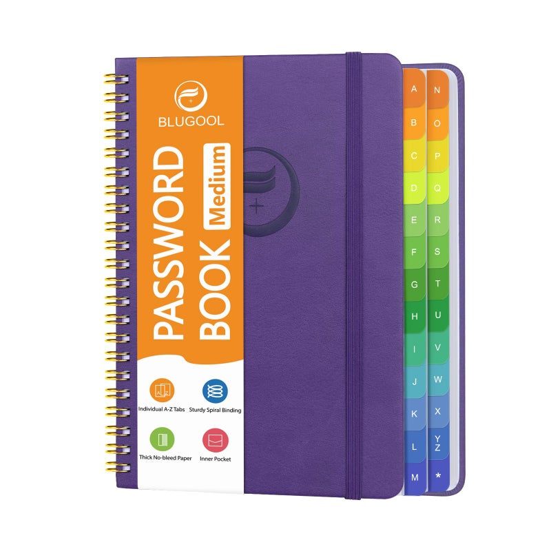 Blugool Password Book with Alphabetical Tabs, Password Keeper Book for Seniors, Individual & Colorful Tabs, Spiral Hardcover Password Notebook for Website Logins, 5.7" x 7.7", Purple - Image 1