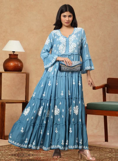 Alaya Hand Embroidered Chikankari A-Line Gathering Pattern Muslin Jalabiya-AL4003