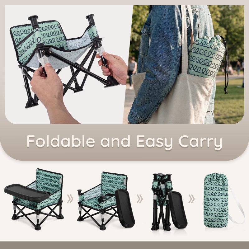 AskCat Toddler Booster Seat for Dining Table & Kitchen Chair - Portable Foldable with Removable Tray, Baby Camping Chair 6-36 Months Indoor Outdoor (Green Stripe) - Image 3