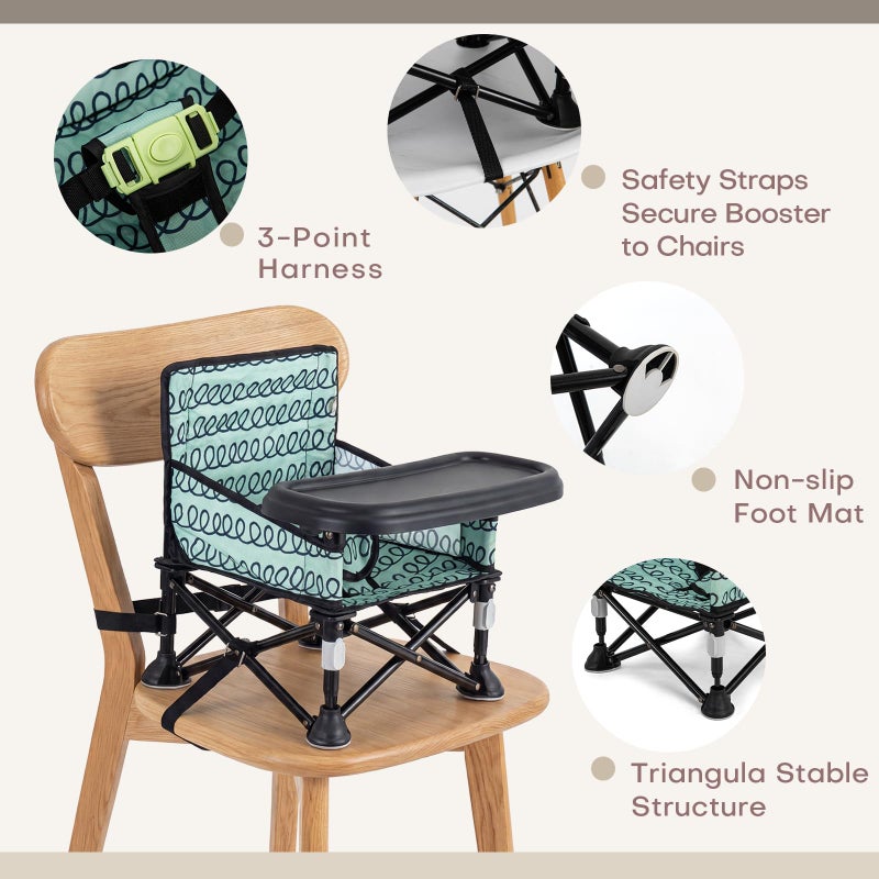 AskCat Toddler Booster Seat for Dining Table & Kitchen Chair - Portable Foldable with Removable Tray, Baby Camping Chair 6-36 Months Indoor Outdoor (Green Stripe) - Image 4