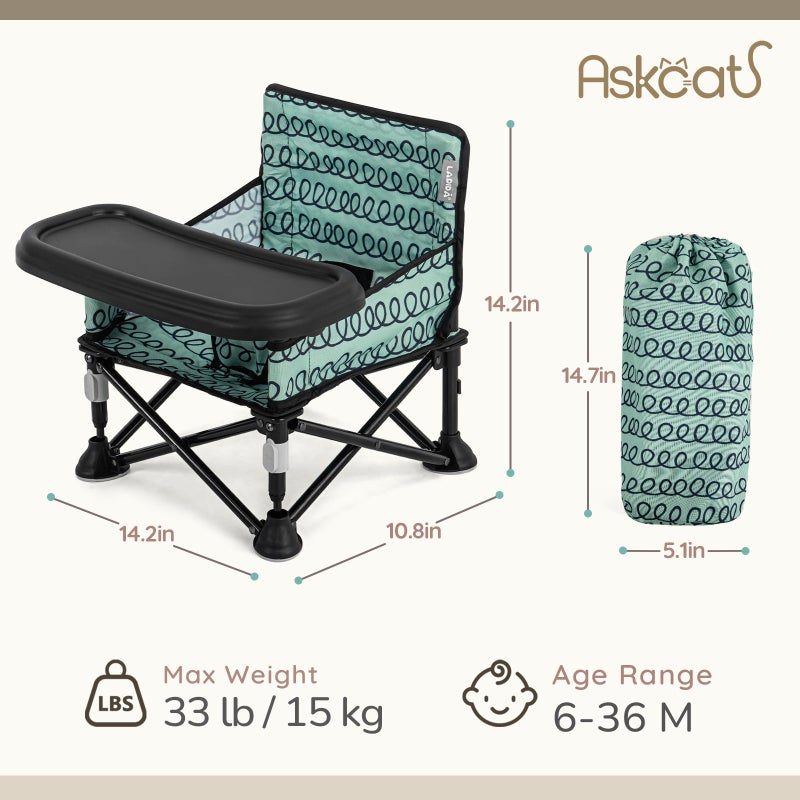 AskCat Toddler Booster Seat for Dining Table & Kitchen Chair - Portable Foldable with Removable Tray, Baby Camping Chair 6-36 Months Indoor Outdoor (Green Stripe) - Image 2