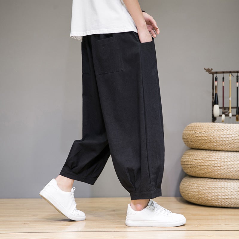 Summer Linen Ankle-length Pants Mens Wide-leg Pants Chinese Style Japanese plus size Harlan Carrot Pants Cotton and Linen Bloomers Light gray