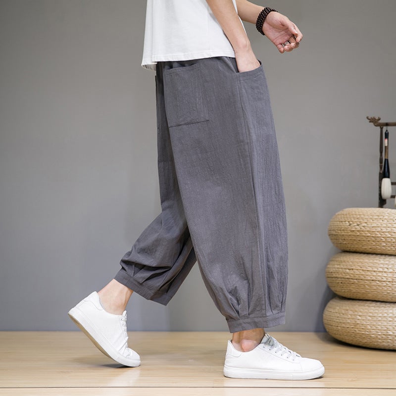 Summer Linen Ankle-length Pants Mens Wide-leg Pants Chinese Style Japanese plus size Harlan Carrot Pants Cotton and Linen Bloomers Light gray