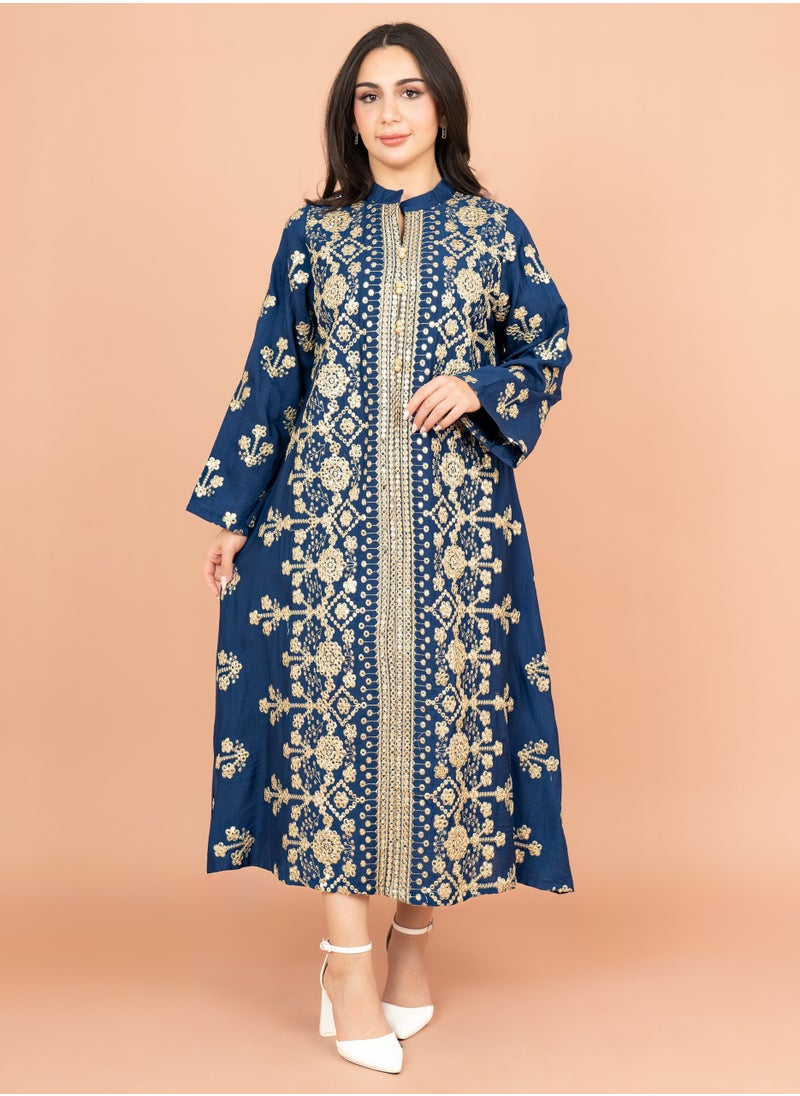 اكسا جلابية انيقة مع تطريز دقيق IK6005 ازرق  - Image 1