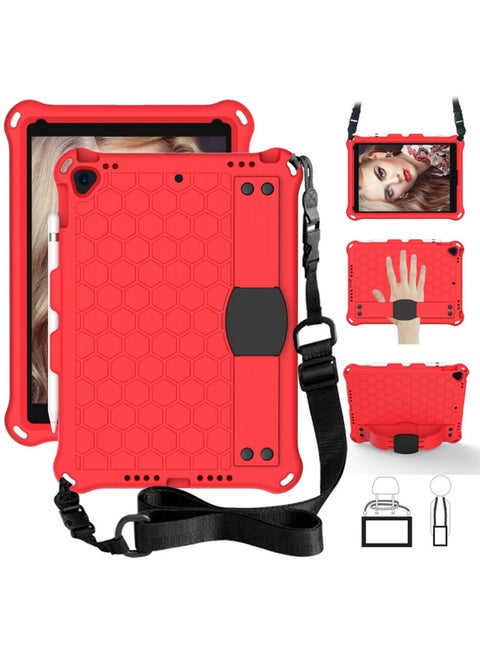 2025iPad11 Honeycomb Protective Case IPad 9.7 Tablet Case 10.2 Strap Protective Case-Color:Red (with Straps)-Applicable Model:Tab A 10.1 T510/515(2019)