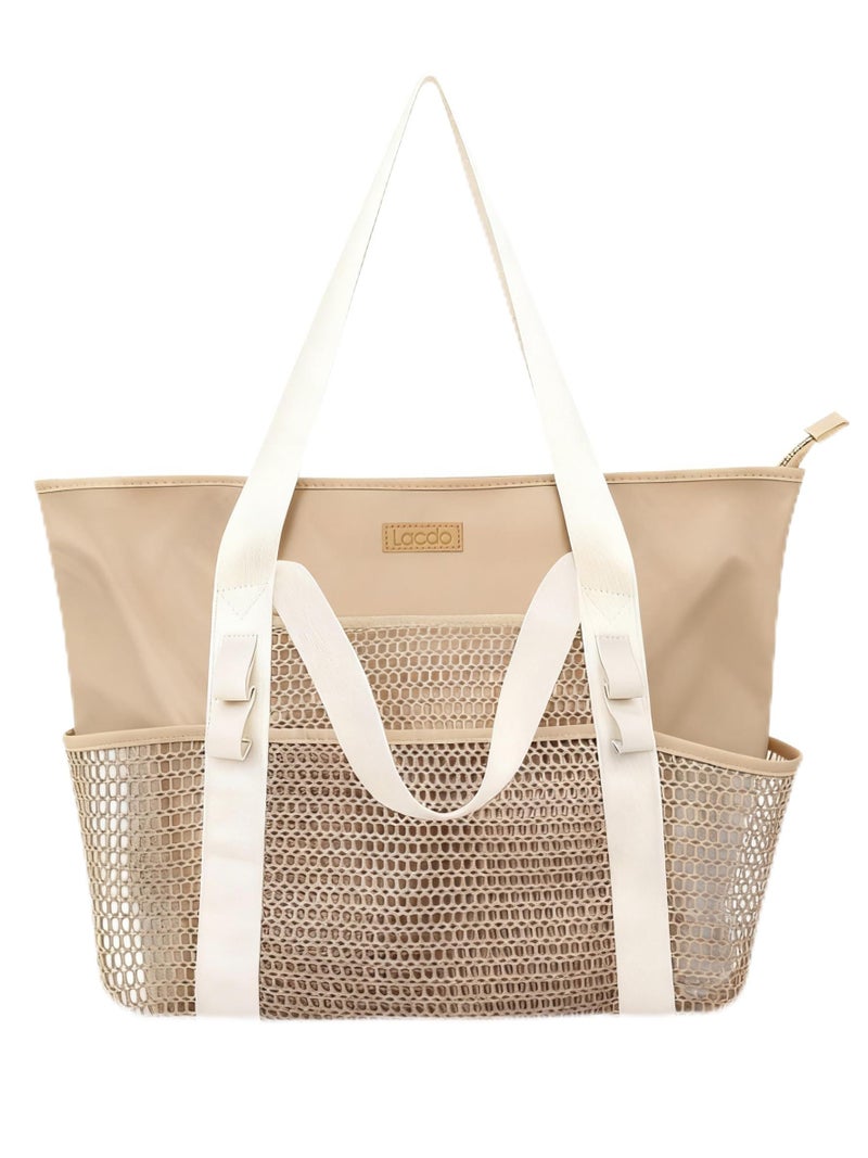 Lacdo Tote Bag for Women, Casual Mesh Tote Bag Hobo Women Foldable Handbag Shoulder Bag, Large Capacity Beach Bag for Travel Picnic Vacation Essentials, Khaki - Image 1
