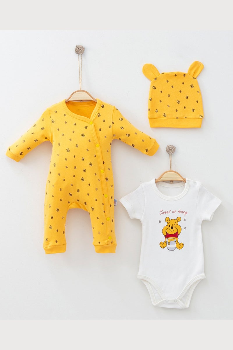 Modam Bebek Coşay Winnie Pooh Printed Hat 3-Piece Bodysuit Baby Jumpsuit