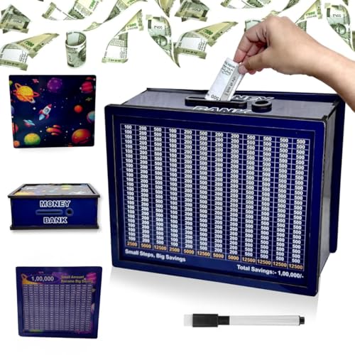 PLUSPOINT Wooden Money Saving Box for Adults & Kids | Rs 100000 Piggy Bank with Savings Tracker | Smart Coin Bank, Gullak for Home & Office | Ideal Gift for Men & Women (Space Design) - Image 1