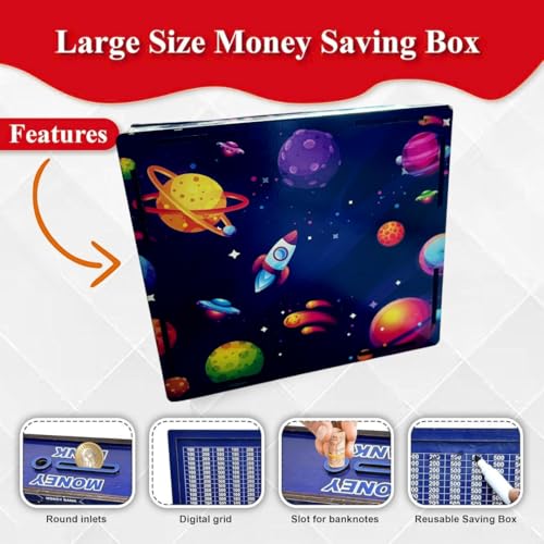 PLUSPOINT Wooden Money Saving Box for Adults & Kids | Rs 100000 Piggy Bank with Savings Tracker | Smart Coin Bank, Gullak for Home & Office | Ideal Gift for Men & Women (Space Design) - Image 5