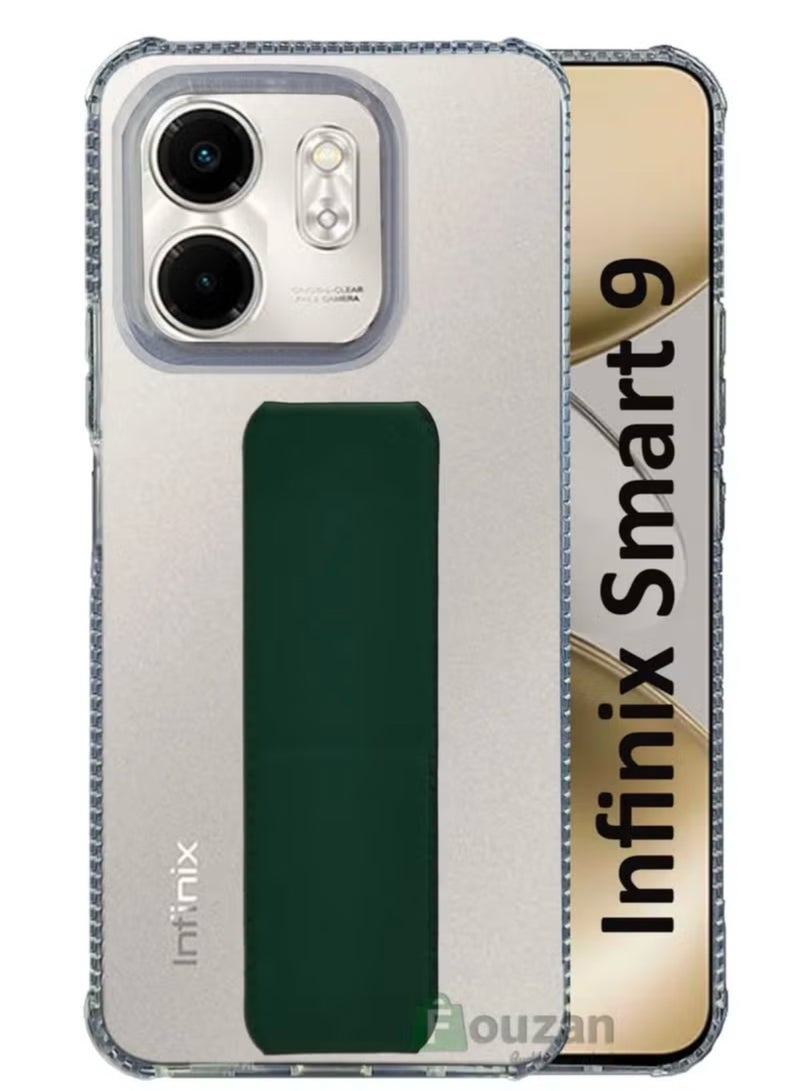 For Infinix Smart 9 Transparent Shock Proof Silicone- Magnetic Case With Hand Grip Holder & Kickstand -Clear/Green - Image 1