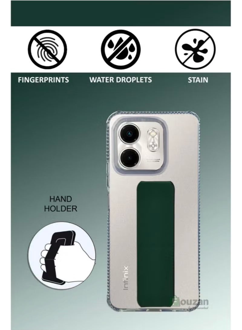 For Infinix Smart 9 Transparent Shock Proof Silicone- Magnetic Case With Hand Grip Holder & Kickstand -Clear/Green - Image 2