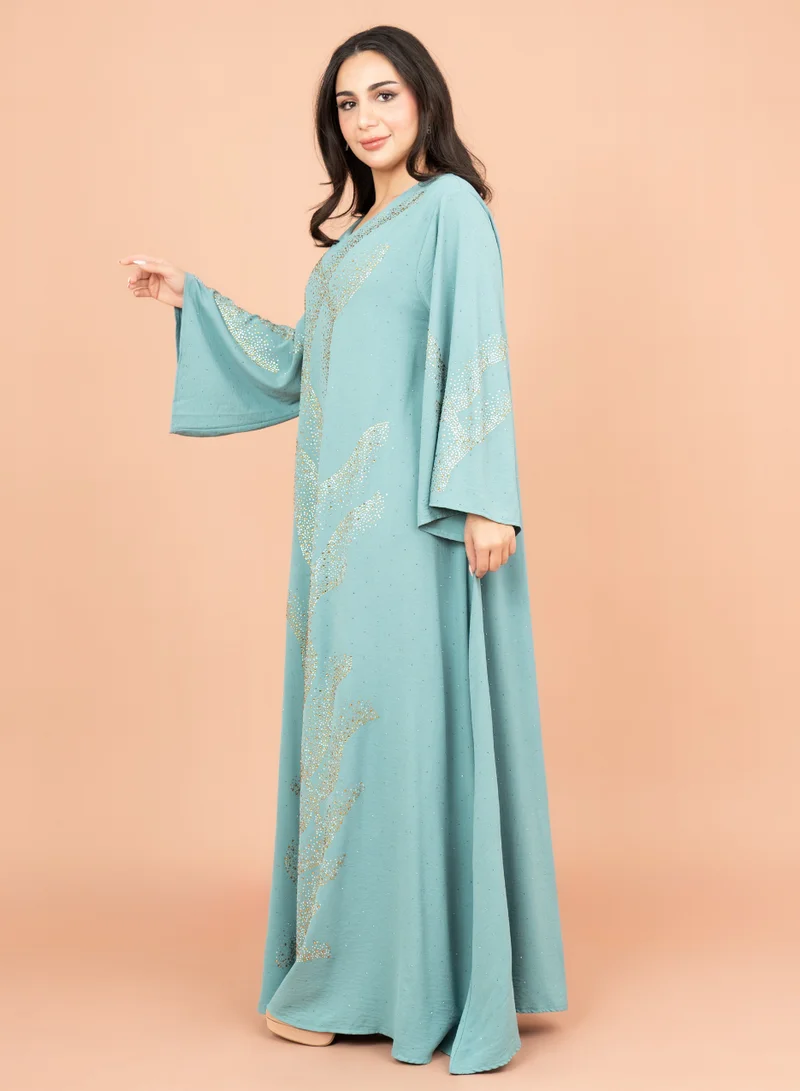 IKKXA Shimmering Crystal Jalabiya with Patterned Crystal Detailing IK6007 Turquoise