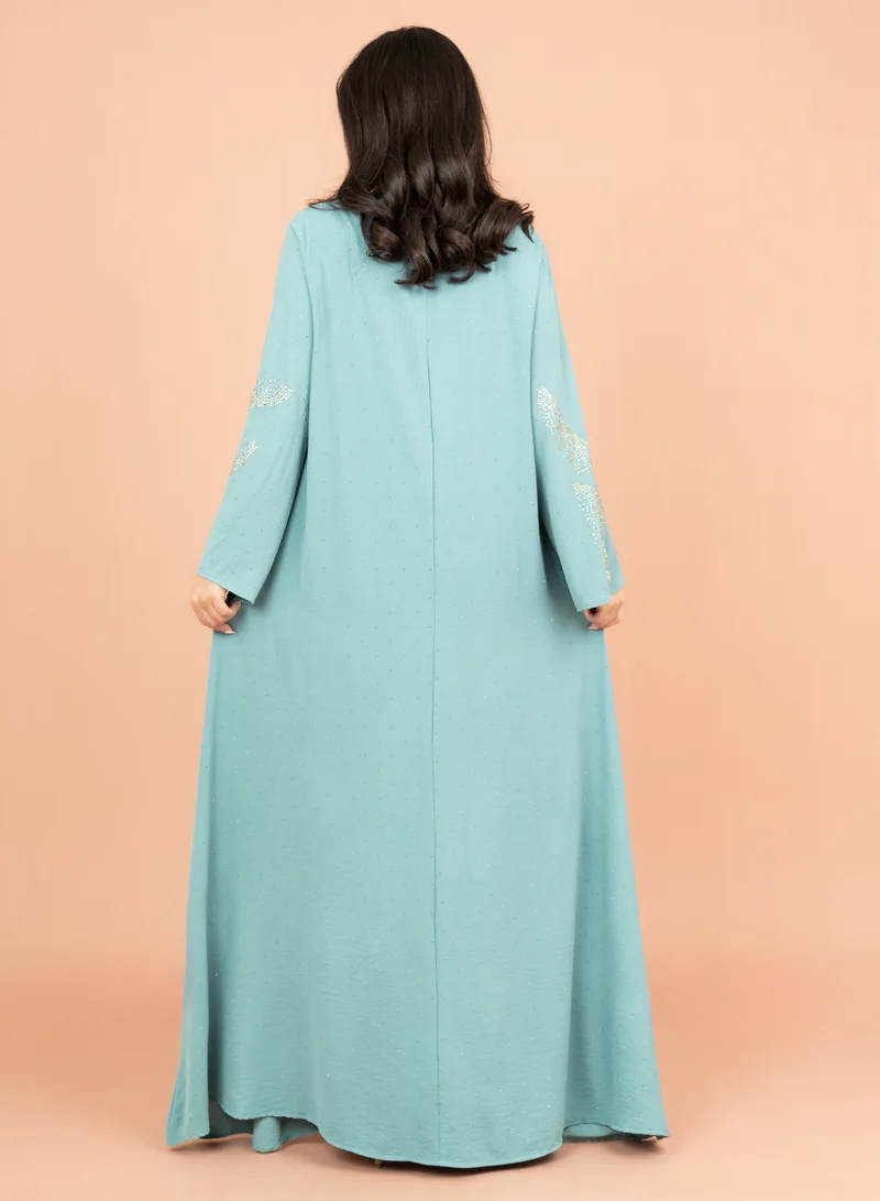 IKKXA Shimmering Crystal Jalabiya with Patterned Crystal Detailing IK6007 Turquoise