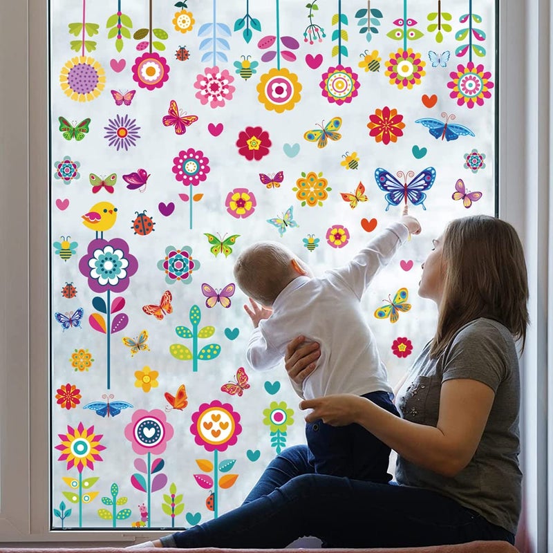 YOWOCAL Spring Garden Flower Window ClingsPlant Bee Butterfly Summer Floral Stickers Removable Colorful AntiCollision Decals for Birthday Baby Shower Party Kids Room Nursery Living Room Decor9 Sheets 