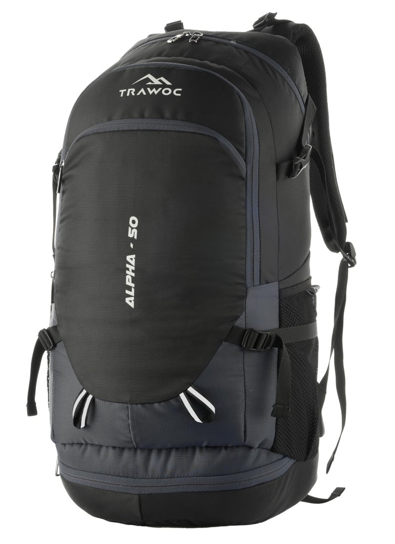 TRAWOC ALPHA 50 Litre Travel Backpack Water Resistant Daypack Bag for Cycling Trekking Hiking Camping for Men & Women, 3 Year Warranty, Grey - Image 1