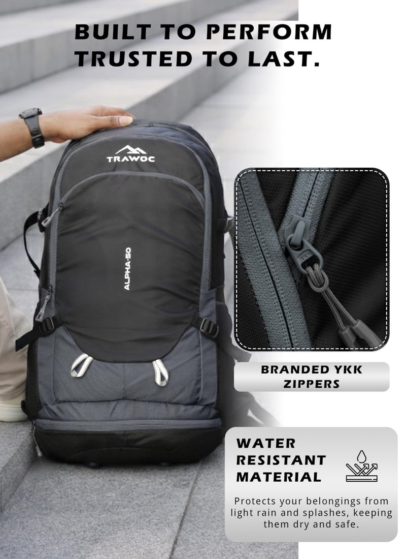 TRAWOC ALPHA 50 Litre Travel Backpack Water Resistant Daypack Bag for Cycling Trekking Hiking Camping for Men & Women, 3 Year Warranty, Grey - Image 2