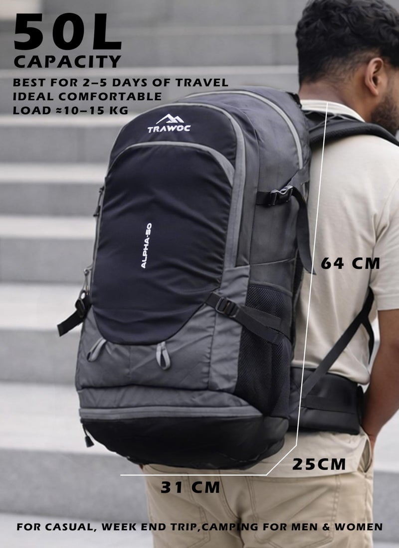 TRAWOC ALPHA 50 Litre Travel Backpack Water Resistant Daypack Bag for Cycling Trekking Hiking Camping for Men & Women, 3 Year Warranty, Grey - Image 4