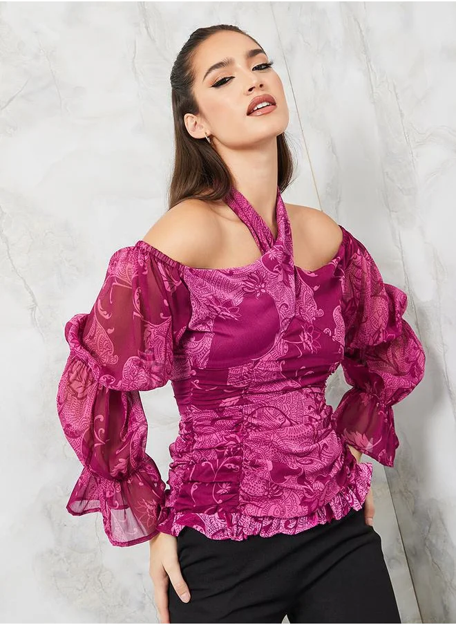 ستايلي Halter Neck Gathered Fitted Blouse