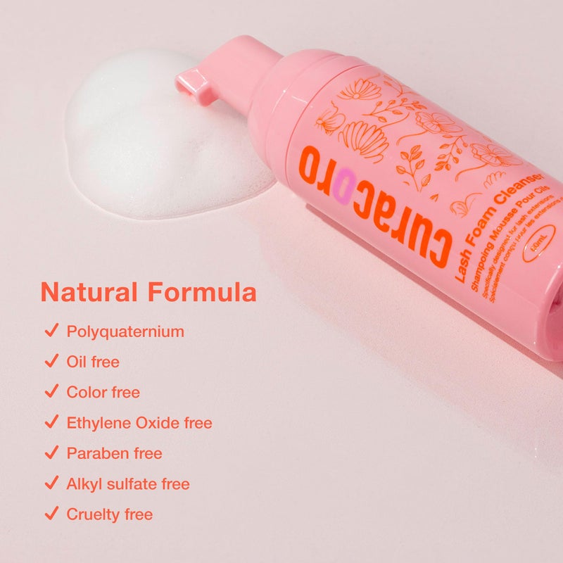 CURACORO 60ML Eyelash Extension Cleanser - Lash Shampoo for Lash Extensions, Eyelash Extension Foam Cleanser for Dry & Sensitive Skin, Gently Removes Waterproof Makeup for Professional & Home Use - Image 4