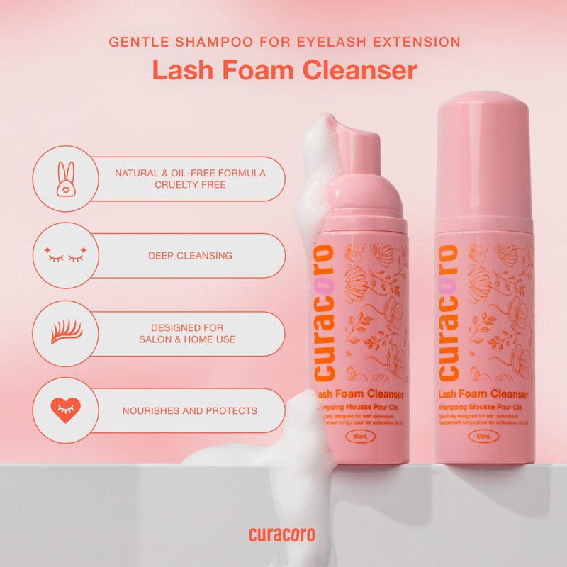 CURACORO 60ML Eyelash Extension Cleanser - Lash Shampoo for Lash Extensions, Eyelash Extension Foam Cleanser for Dry & Sensitive Skin, Gently Removes Waterproof Makeup for Professional & Home Use - Image 3