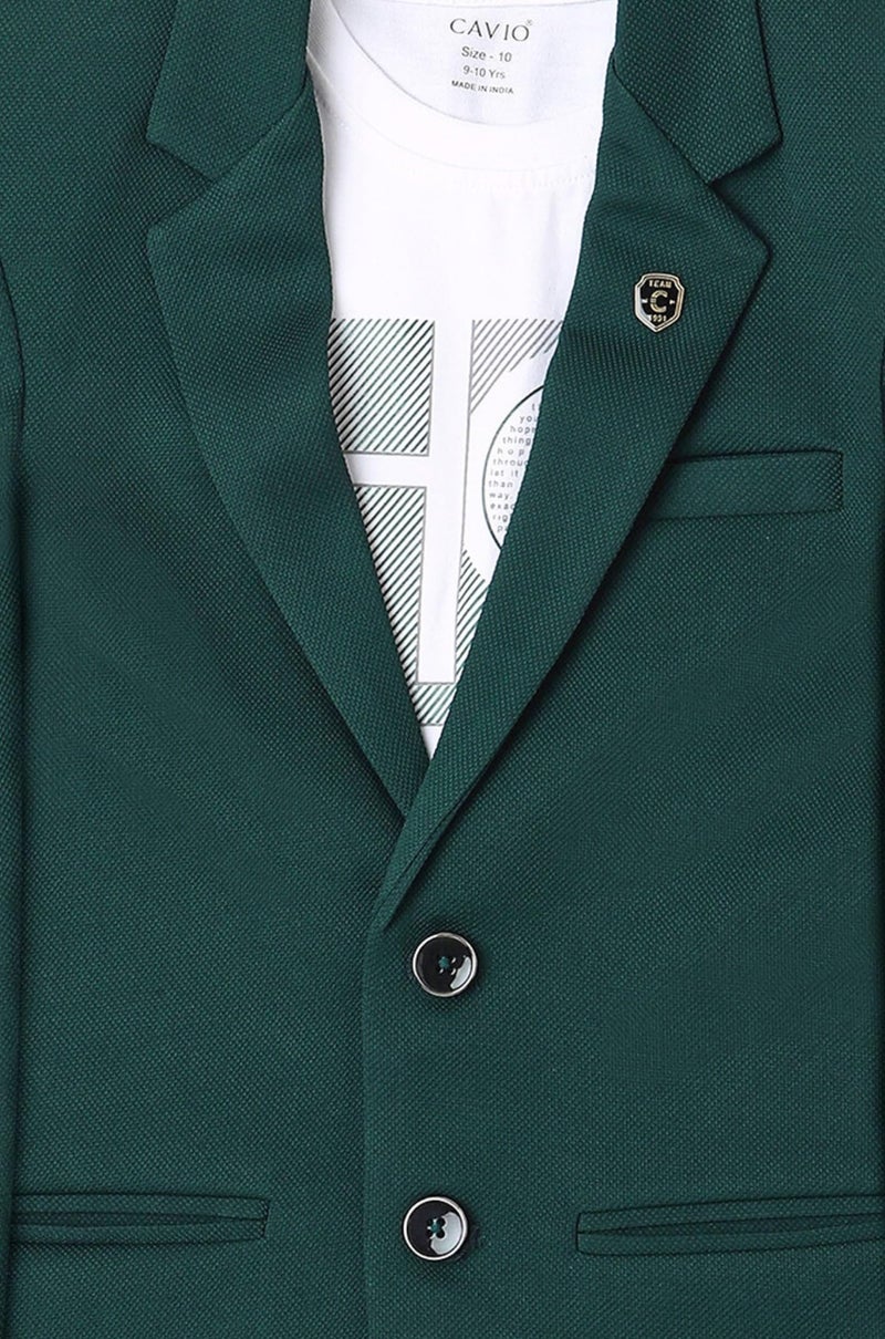 CAVIO Boys DarkGreen Regular Fit Solid Cotton Blazer and T-Shirt - Image 4