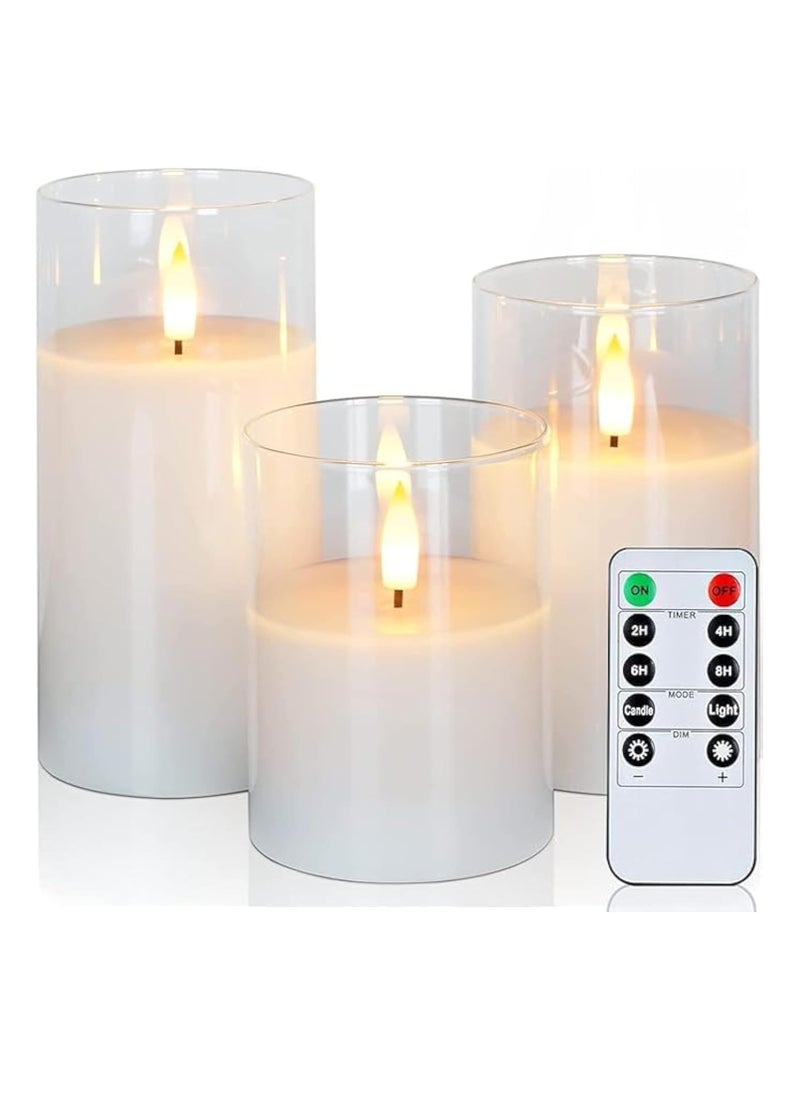 TIGER - Set of 3 Glass Flameless Candles with Timer, Remote Control | Flickering LED Pillar Candles | Battery Powered for Holiday, Restaurant, and Home Decoration | Safe, Realistic, Warm Glow - Image 1