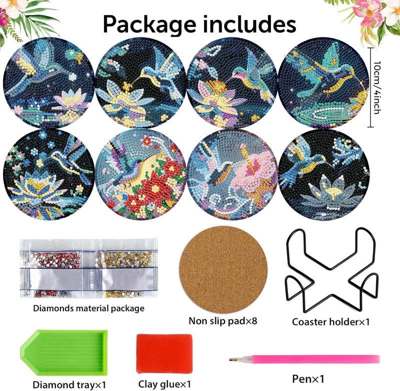 mrpwnle 8 Pieces Diamond Art Coasters Kits-Hummingbird Diamond Painting Coasters Kits with Holder Cork Pads DIY Bird Diamonds Art Coaster Set for Adults Beginners Crafts Supplies - Image 2