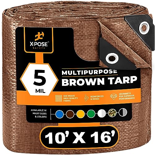 xpose safety Multipurpose Protective Cover Brown Poly Tarp 10' x 16' - Durable, Water Resistant, Weather Resistant - 5 Mil Thick Polyethylene - by Xpose Safety - Image 1