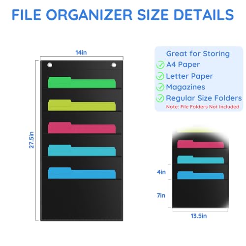 ZKOO 5 Pockets Hanging Wall File Organizer for A4 Size Paper/Legal/Letter Size Document, Sturdy Wall Mail Organizer Black Pocket Chart Great for Classroom, Office, Home Use with 2 Hangers - Image 2
