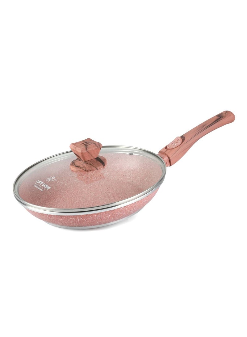 Life Smile Non-Stick Frying Pan With Lid - 5 Layer Granite Coating Fry Pan - Heat-Resistant Detachable Handle Hanging Loop - Microwave Safe - 28CM Pink - Image 1