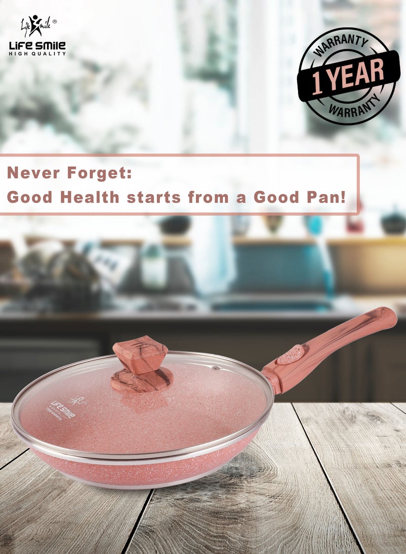 Life Smile Non-Stick Frying Pan With Lid - 5 Layer Granite Coating Fry Pan - Heat-Resistant Detachable Handle Hanging Loop - Microwave Safe - 28CM Pink - Image 2