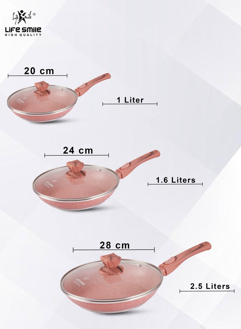 Life Smile Non-Stick Frying Pan With Lid - 5 Layer Granite Coating Fry Pan - Heat-Resistant Detachable Handle Hanging Loop - Microwave Safe - 28CM Pink - Image 3