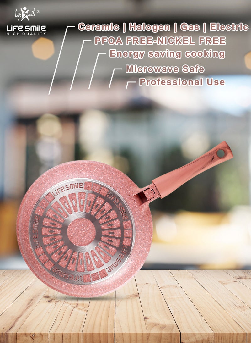 Life Smile Non-Stick Frying Pan With Lid - 5 Layer Granite Coating Fry Pan - Heat-Resistant Detachable Handle Hanging Loop - Microwave Safe - 28CM Pink - Image 5
