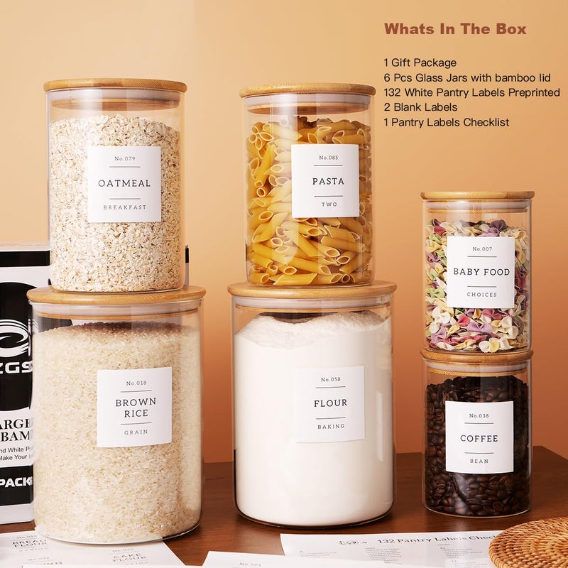 CZZGSM Set of 6 Glass Flour and Sugar jars with 132 Kitchen Pantry Labels - Thicken Large Glass Storage containers with Airtight Bamboo Lid - Rice Canisters for Salt Coffee - 100OZ/54OZ/27OZ - Image 2