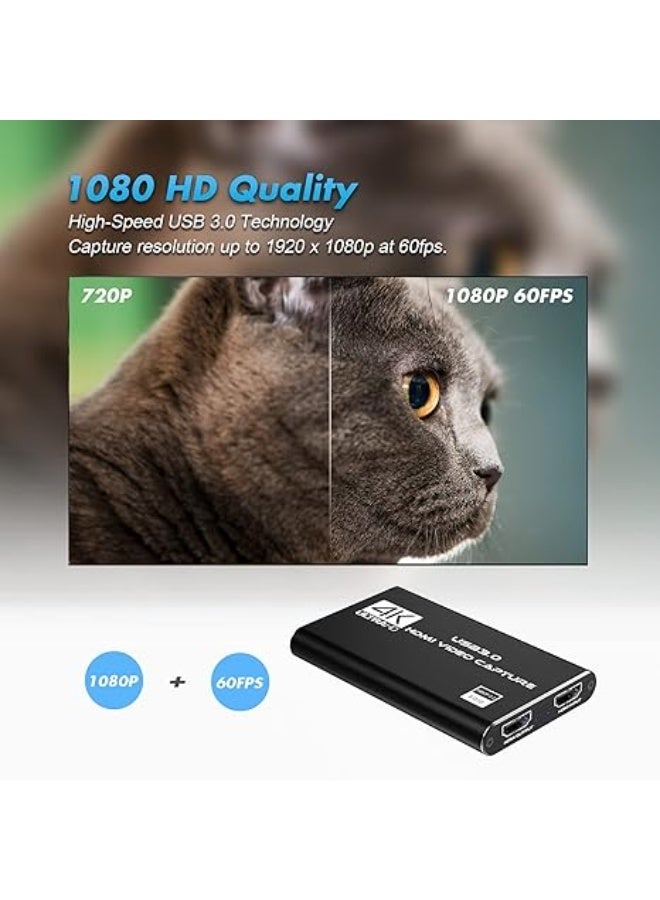 QIRG بطاقة التقاط HDMI بدقة 4K للبث، دقة كاملة 1080P 60FPS USB3.0 كام لينك بطاقة التقاط صوت وفيديو للألعاب تعمل مع نينتندو سويتش/إكس بوكس/PS4/PS5/OBS/كاميرا/كمبيوتر (أسود) - Image 4
