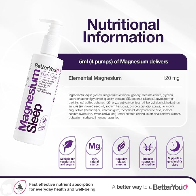BetterYou Natural Magnesium Sleep Lotion Body Cream 180ml, Magnesium-Infused Nighttime Body Lotion Lavender & Chamomile Scent, Moisturizing Skin Care Cream for Bedtime Routine - Image 3