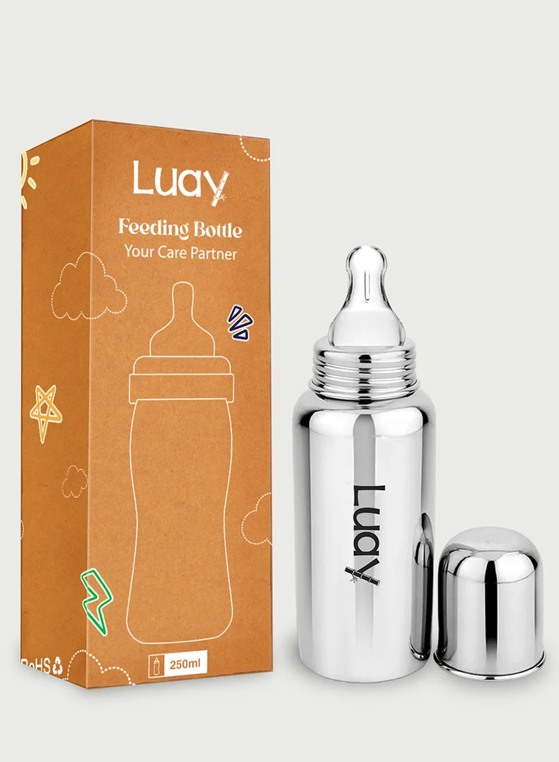 Luay Single Baby Steel Feeding Bottle 250ml | Baby Milk Bottle with Advanced Anti Colic Valve, BPA Free, Soft Silicone Teat, Wide Neck for Babies/Infants/Newborns Available Single of 0-2 Years  | Best Price UAE