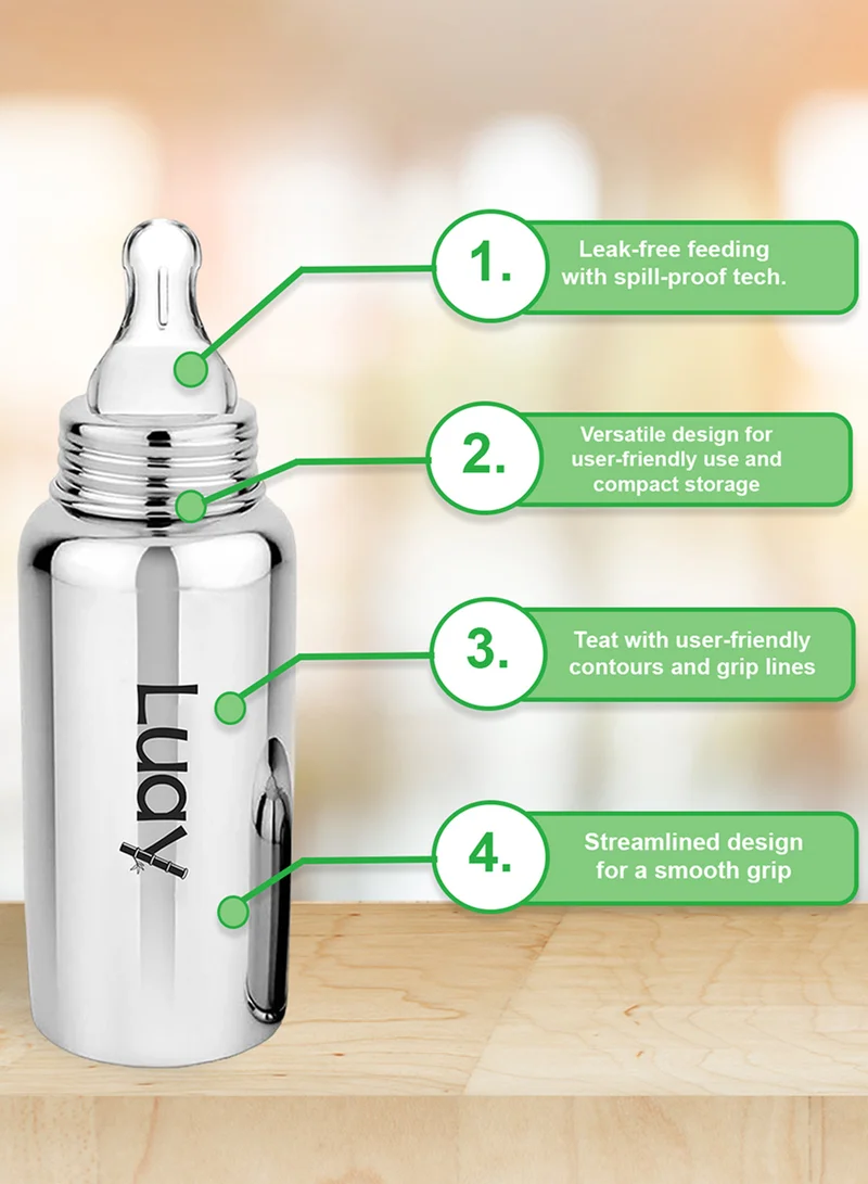 Luay Single Baby Steel Feeding Bottle 250ml | Baby Milk Bottle with Advanced Anti Colic Valve, BPA Free, Soft Silicone Teat, Wide Neck for Babies/Infants/Newborns Available Single of 0-2 Years  | Best Price UAE