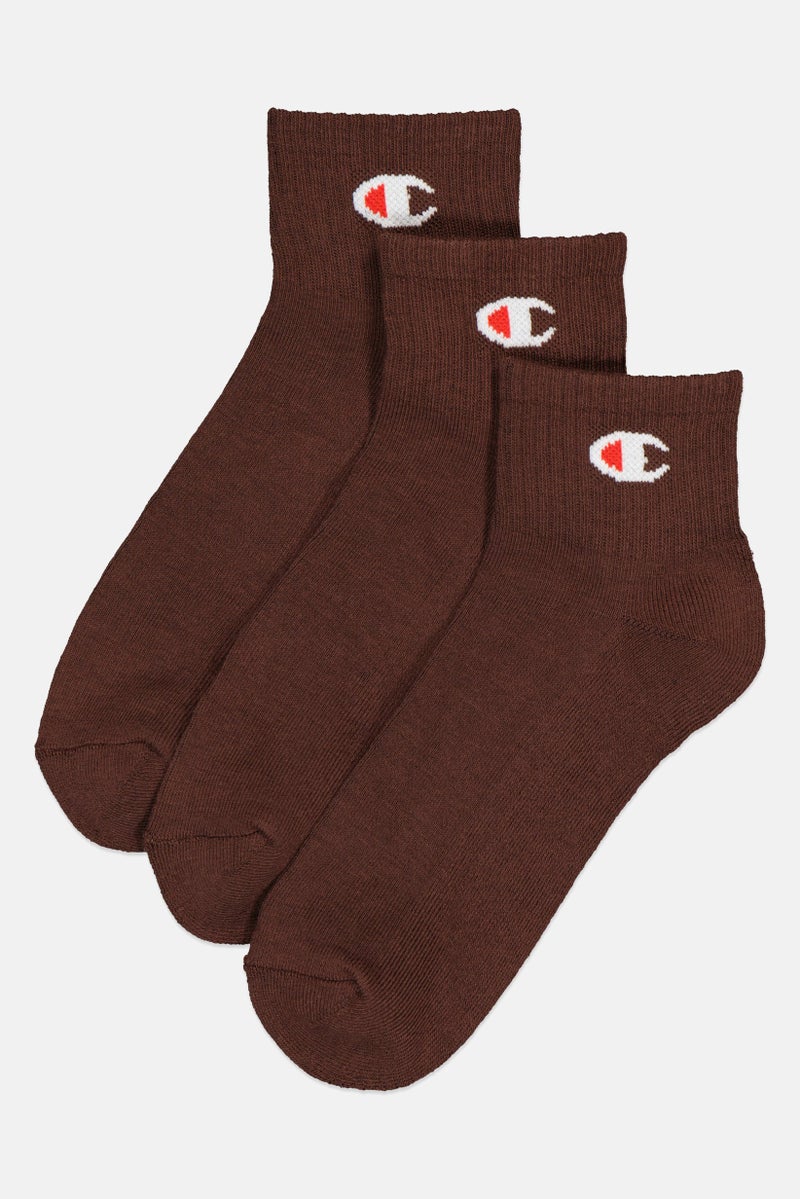 Champion Men 3 Pairs Brand Logo Quarter Socks, Brown - Image 1